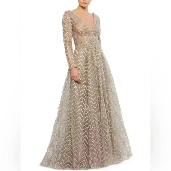 Mac Duggal Embellished Illusion Long Sleeve Wrap Over A Line Gown NWOT - Picture 1 of 5